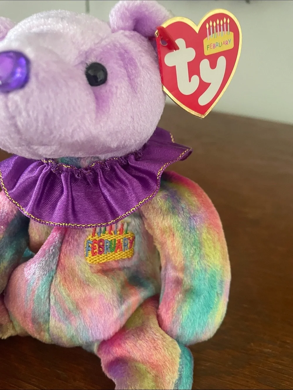 Ty Multicolor Tie-Dye Bear with Purple Head & Collar- February birthday Bear
